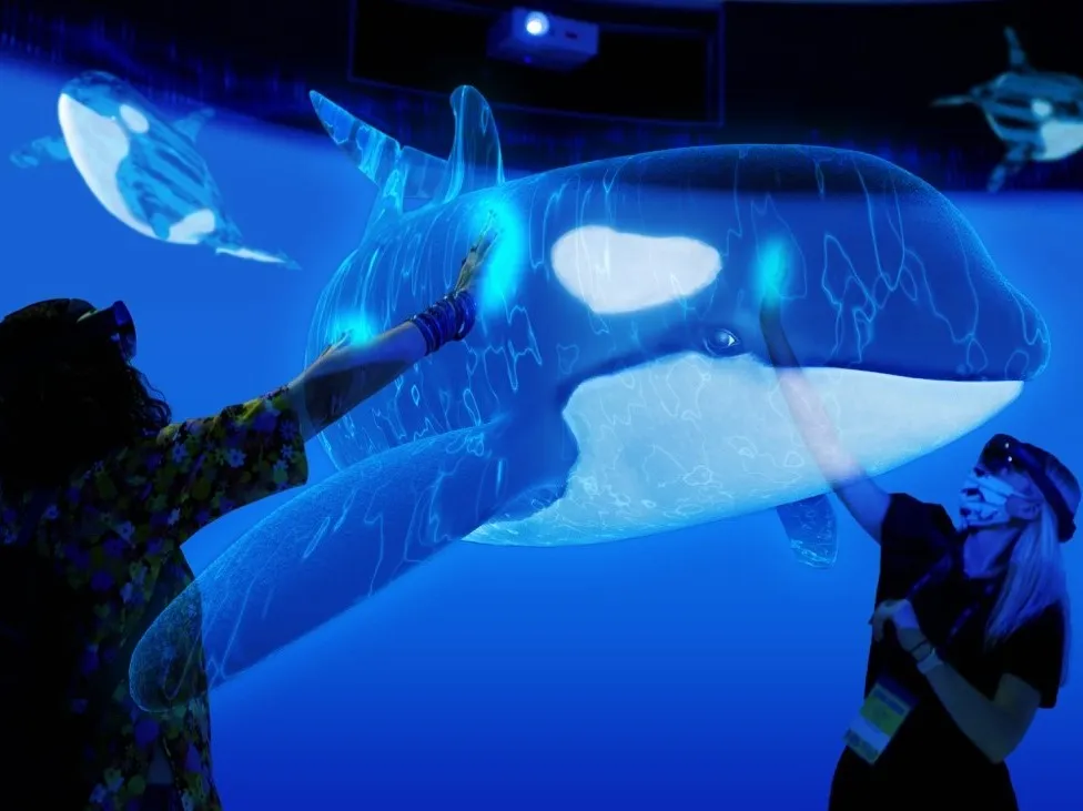 Two people an augmented-reality experience wear headsets while reaching out to "touch" a holographic killer whale.