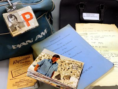 A selection of items from the Papers of Tom Brokaw, including a Pan Am flight bag filled with press passes to historic events, a reporter’s notebook, candid snapshots from NBC News productions, Brokaw’s personal copy of the transcript of taped Nixon conversations, with Brokaw’s handwritten notes.

 