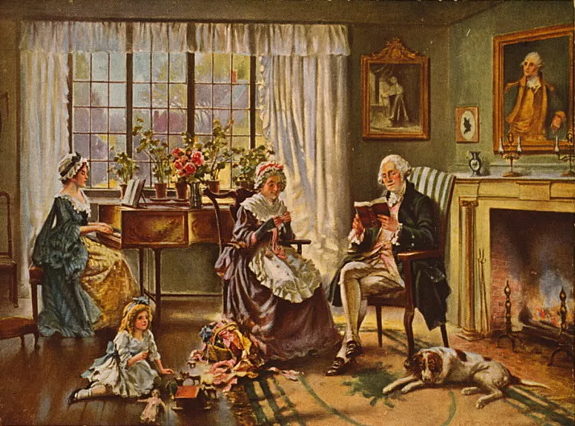 George Washington reading with his family in his living room