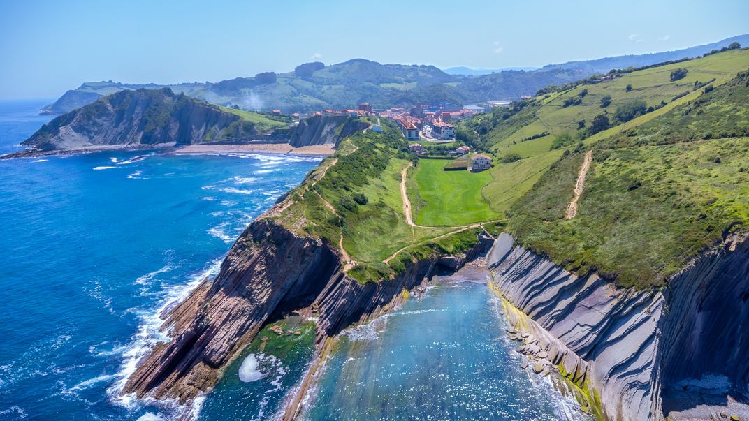 An aerial view of the flysch rock formations along Spain's Basque coast