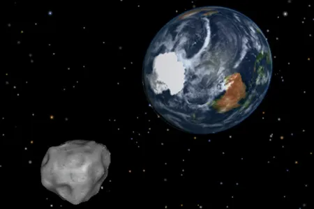 Artist's conception of asteroid 2012 DA14 passing  through the Earth-moon system on Feb. 15, 2013.