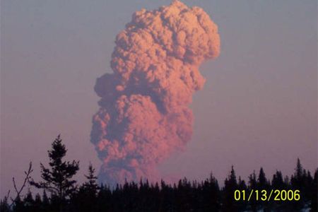 An image of Augustine erupting on January 13, 2006, from about 50 miles away from the volcano.
