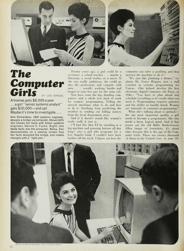 First page of the article “The Computer Girls” showing photos of woman in a sleeveless, zebra-patterned dress interacting with men in suits while operating various computers