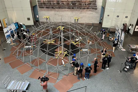 A Fuller-style geodesic dome known as Weatherbreak is gradually rising 25 feet in the air in the Flag Hall of the Smithsonian&rsquo;s National Museum of American History on the National Mall.