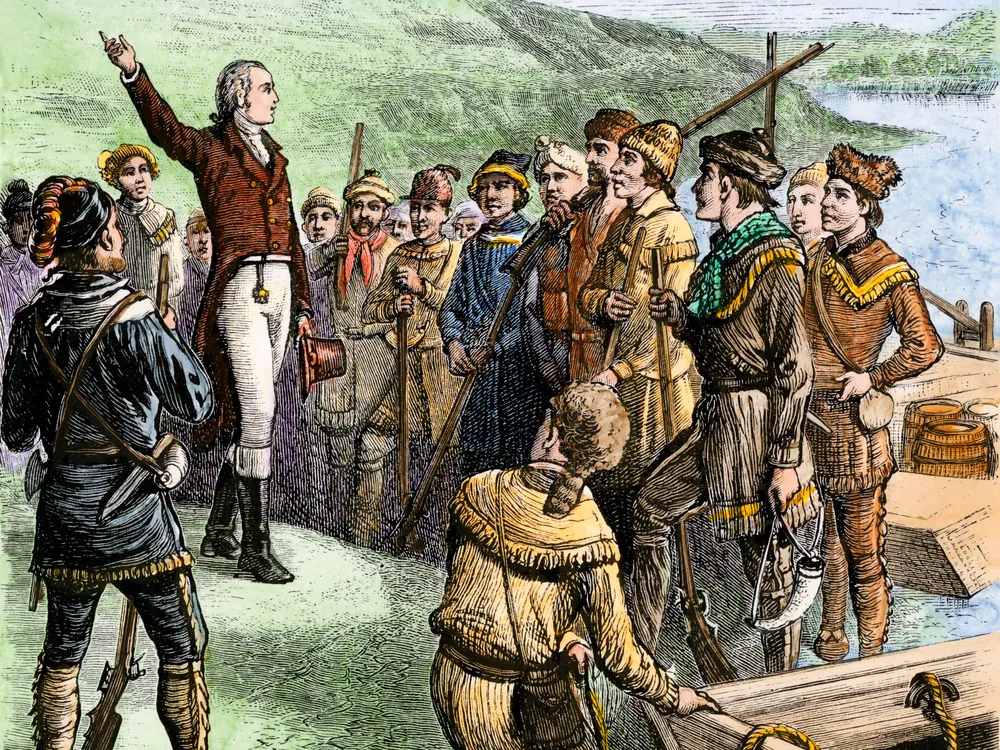 Aaron Burr exhorting his followers at Blennerhassett Island Ohio River 1805