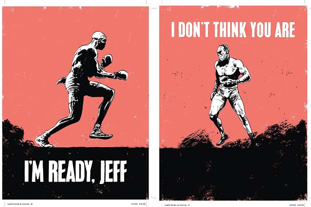 a spread of a graphic novel colorized using red, white and black ink show two boxers