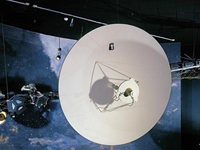 A development test model of the Voyager spacecraft looms large in the Air and Space Museum's Exploring the Planets gallery.