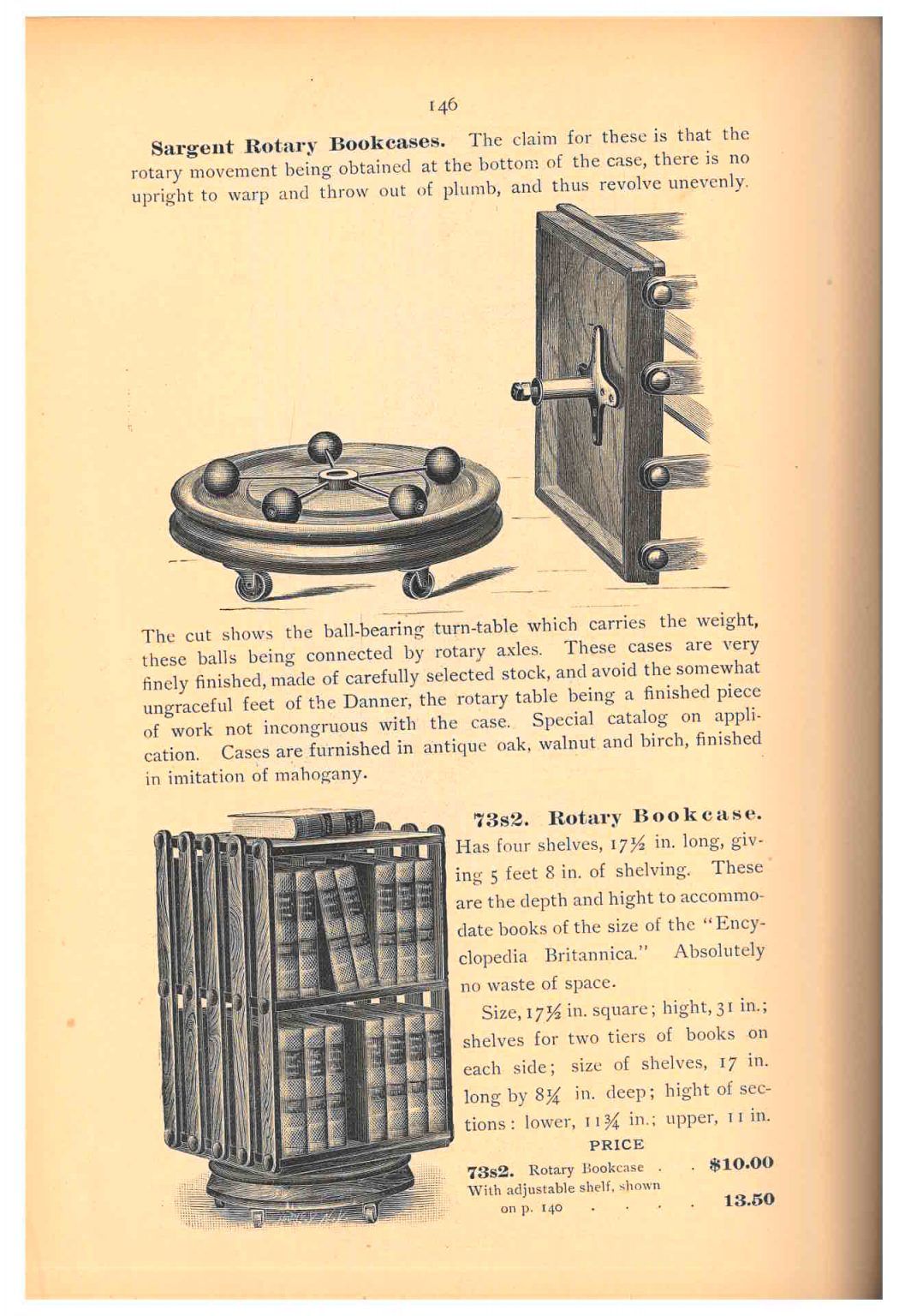 Trade catalog illustration of a revolving book case and the mechanism that spins it.