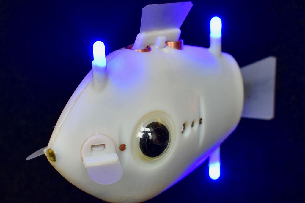 A photo of a white robotic fish on a black background. The robot has two LEDs on top and one on the bottom