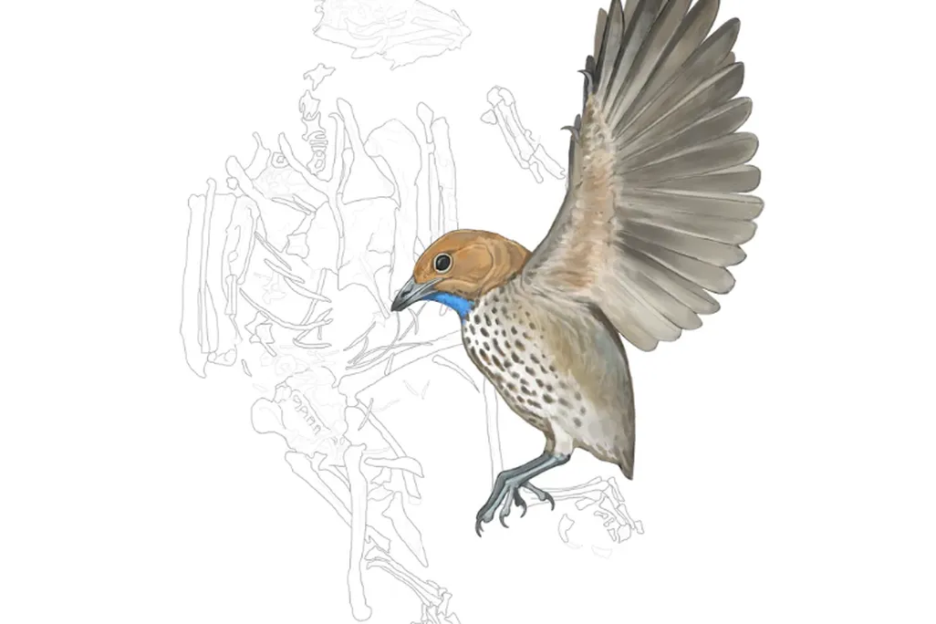 an illustration of a small bird in profile with its wings up, a spotted chest and blue chin, in front of a drawing of bird bones