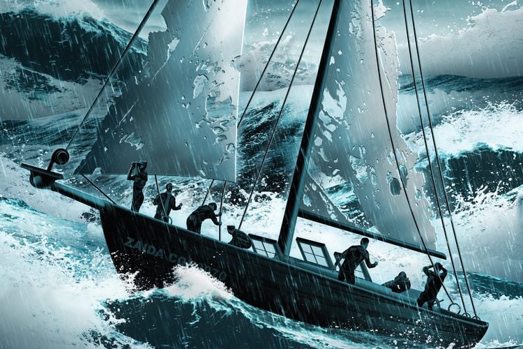 an illustration of a sailboat in a storm at sea