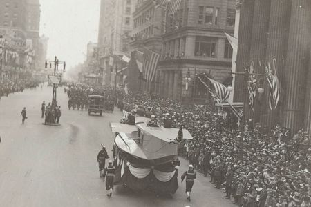 An aircraft hull travels the parade route in Philadelphia
