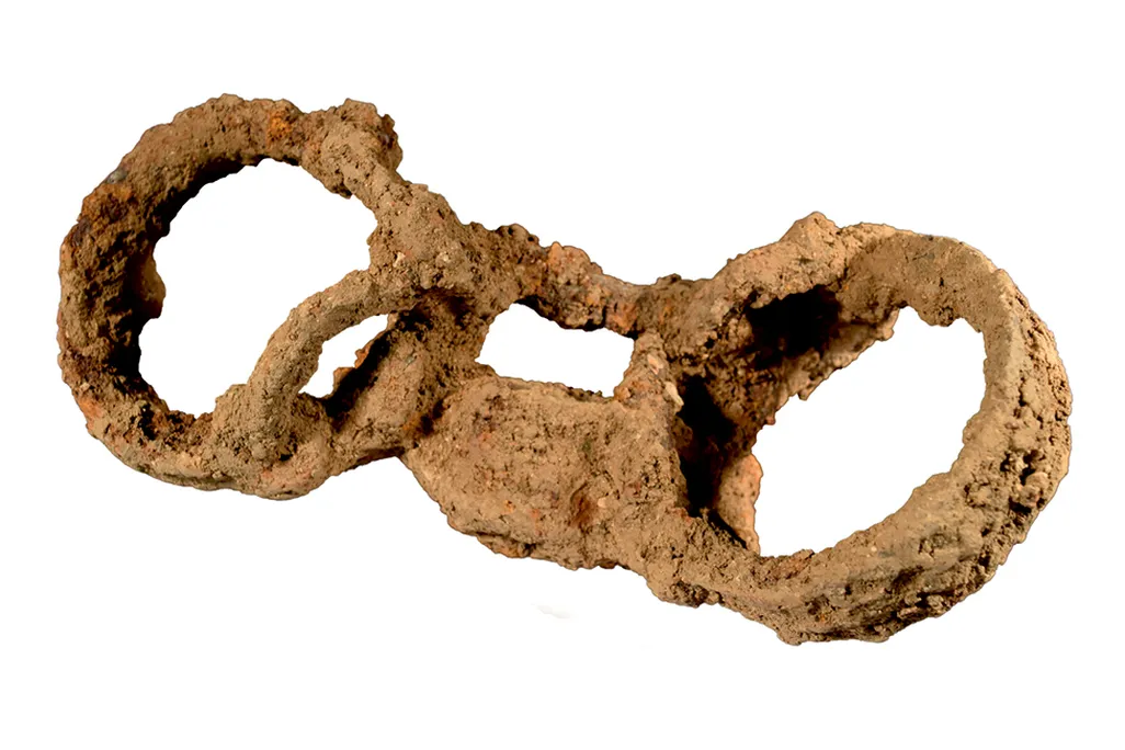 An image of a very rusted pair of shackles, two circles connected by a padlock that would have encircled someone's ankles