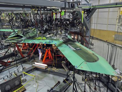 UCAS-D X-47B AV-2 is shown while undergoing proof load testing at Northrop Grumman's Palmdale Manufacturing Center.