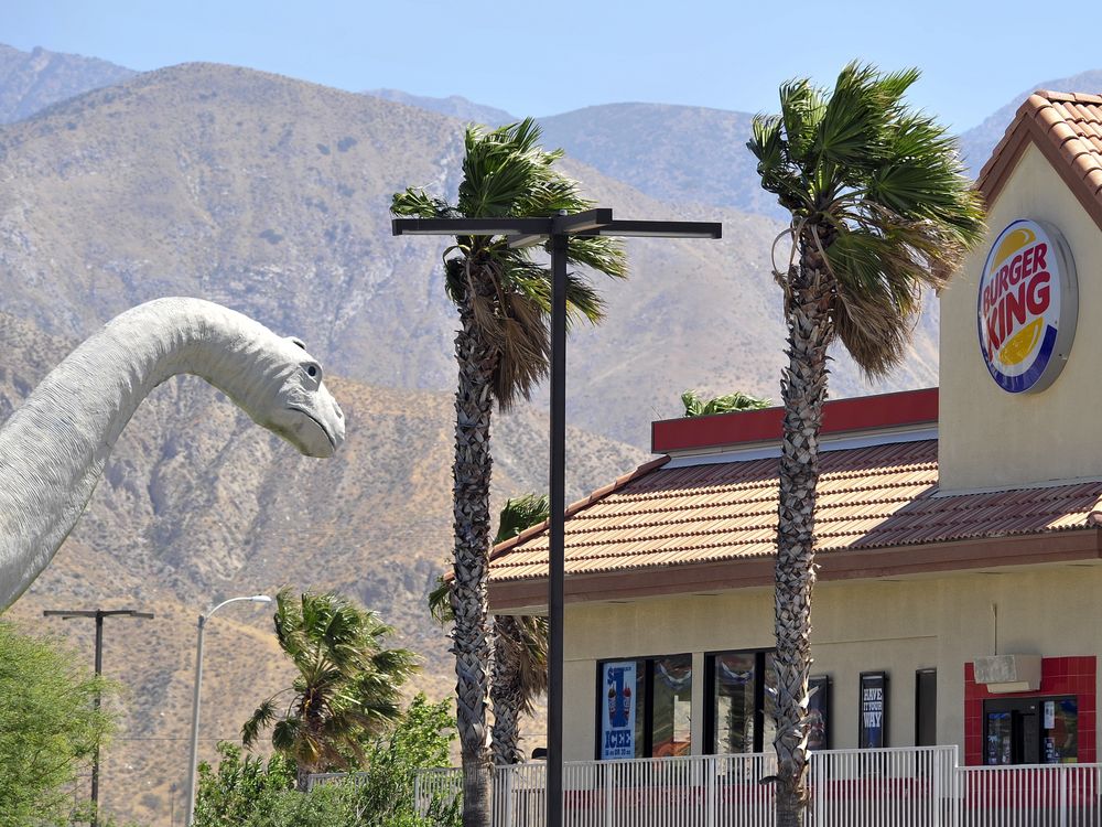 The world's largest dinosaur leans toward a Burger King restaurant