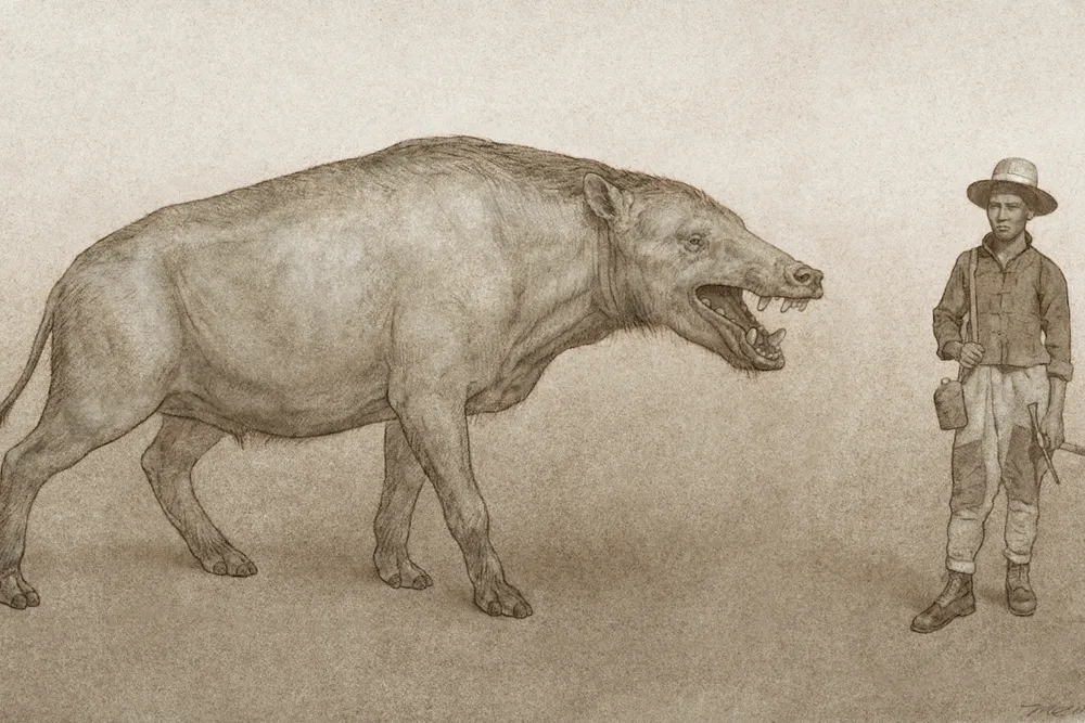 An illustration of a carnivorous predator with a long skull standing next to a man, who is the same height