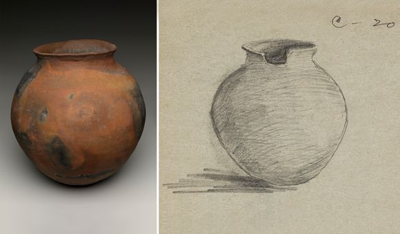 Ceramic olla purchased from Soledad Lala (Soboba Luiseño), Riverside, California, for the collections of the Museum of the American Indian, with a sketch by the collector, E. H. Davis. Olla: NMAI 7/1952. Drawing: Expedition Sketch Book, No. 2, November 1917. Edward H. Davis Papers, Huntington Free Library Collection 9166, Cornell University Library (National Museum of the American Indian, Smithsonian; sketch courtesy of the Cornell University Library)