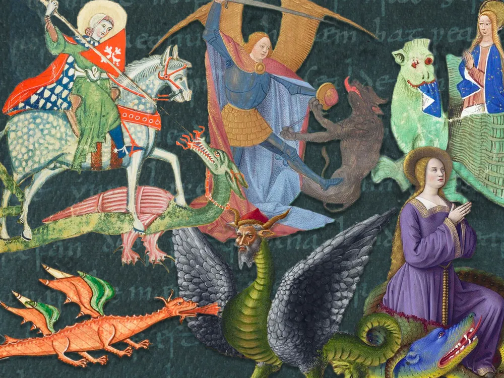 Illustration of medieval dragons and saints