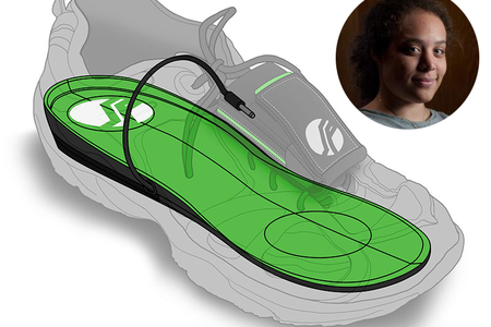 One hour of walk time with a pair of EnSoles, designed by Hahna Alexander (inset), provides 2.5 hours of talk time on a smartphone.