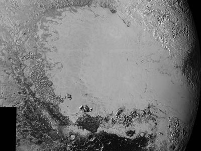 A mosaic of high-resolution images of Pluto shows the icy plane informally called Sputnik Planum.