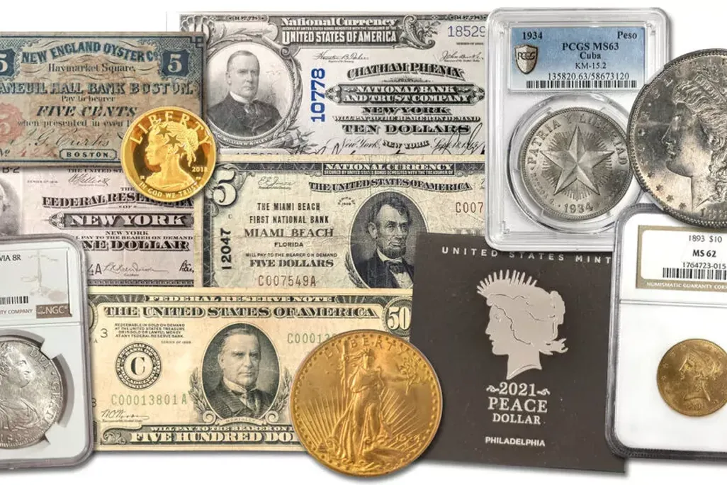 Collage of coins and bills