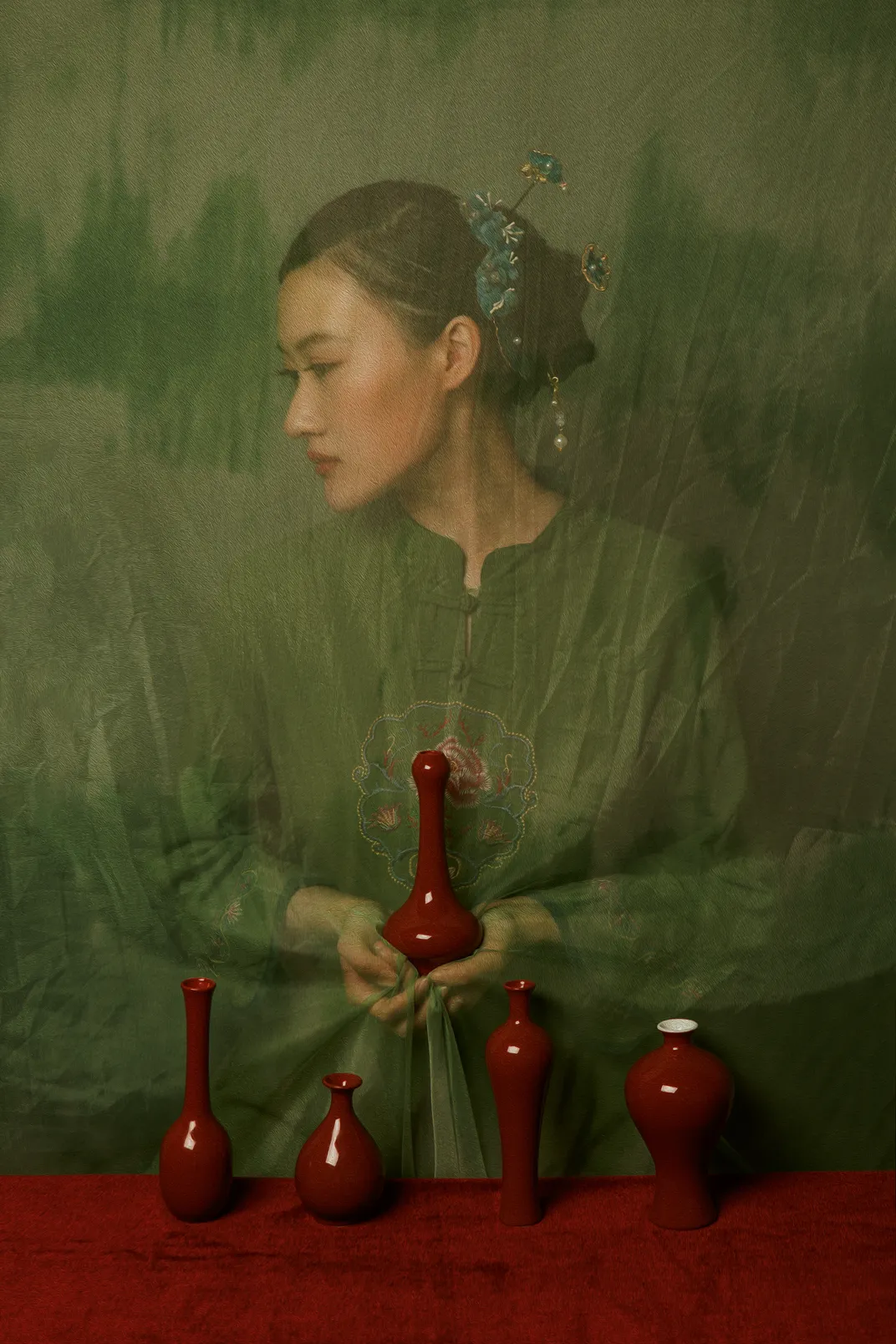 Red Porcelain Against Green