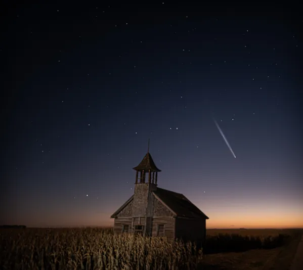 Mystical Comet over historic Schoolhouse . thumbnail