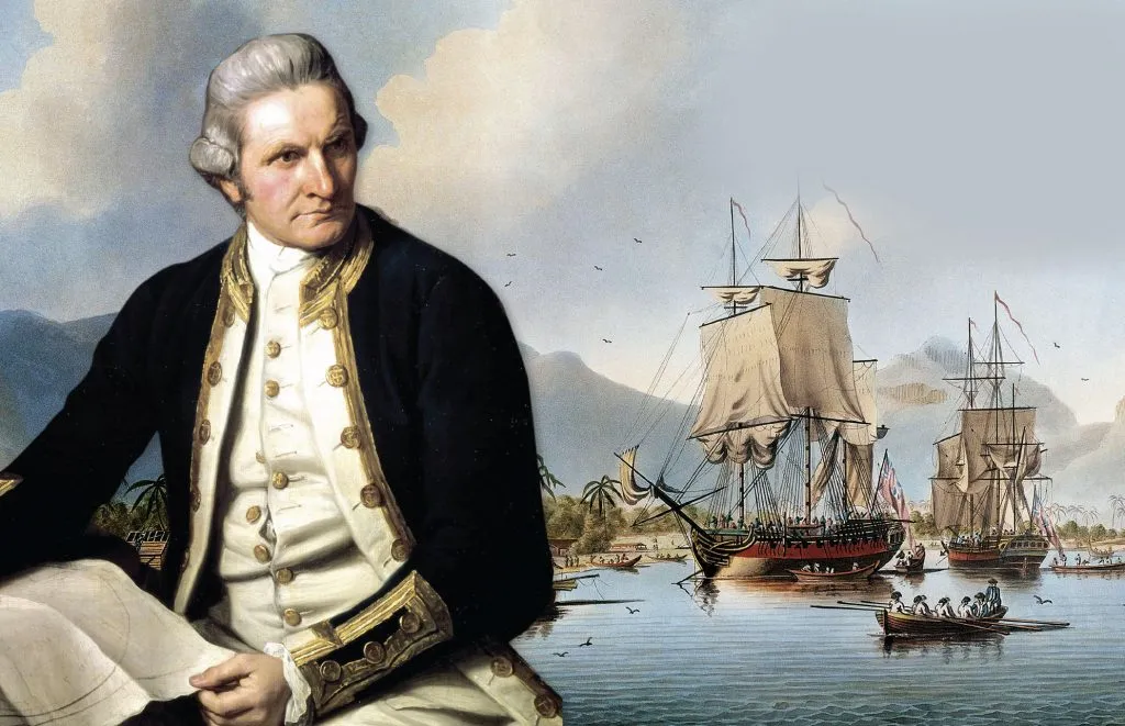 British explorer James Cook in front of ships