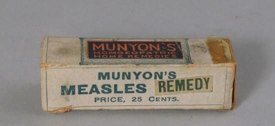 A box of Munyon's Measle Remedy, priced at 25 cents