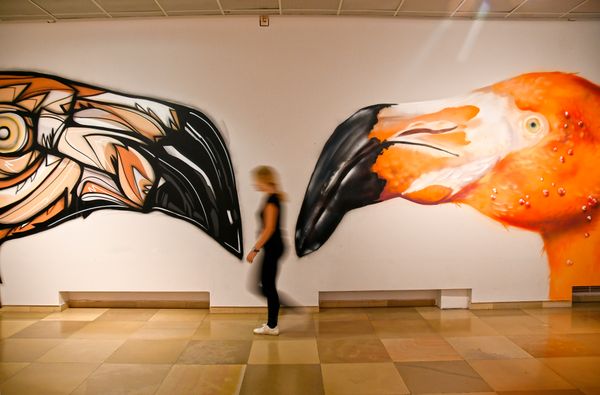 girl between two flamingo paintings thumbnail