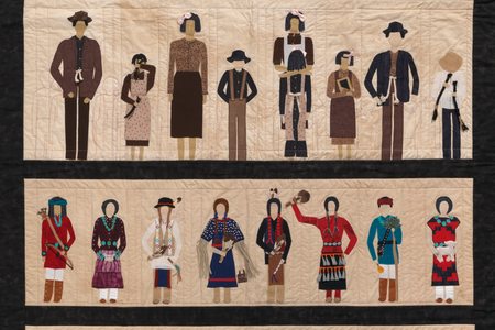 The quilted work Tears of Our Children, Tears for Our Children created by Susan Hudson (Diné/Navajo) depicts the effects of assimilation and boarding schools on the lives of Diné/Navajo children and adults.