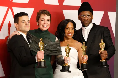 Rami Malek, Olivia Colman, Regina King and Mahershala Ali pose with the Oscars they won for acting at the 91st Academy Awards.