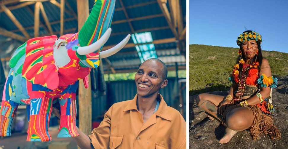 Two images side by side: on the left, a man holds up a statue of a multicolored elephant that's bigger than his torso. On the right, a woman in beaded necklace and armbands, floral headband and armbands, and tattoos or paint on her legs, abdomen, and fac