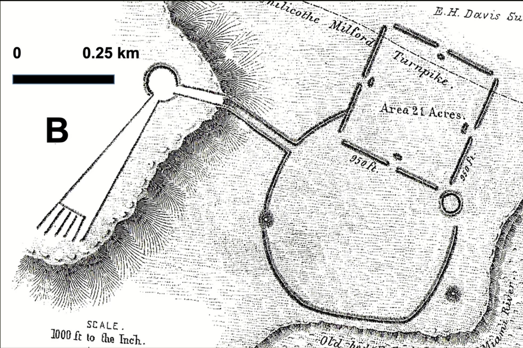 An illustration from 1894 of a comet-shaped mound/earthwork the Hopewell built