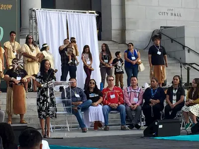 California Natives gather in front of City Hall to celebrate Los Angeles's second annual Indigenous Peoples Day. October 14, 2019, Los Angeles, California. (Photo courtesy of Helena Tsosie)