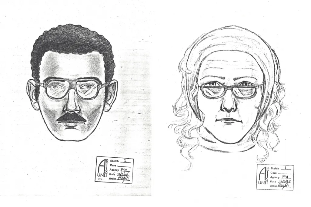 Police sketches of the man and woman who stole Willem de Kooning's Woman-Ochre from the University of Arizona Museum of Art in November 1985