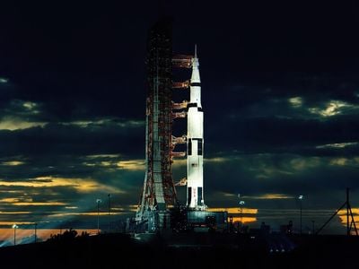 The Apollo 17 Saturn V rocket, the last human flight to the moon, on its launch pad at dusk on November 21, 1972
