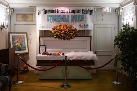 The mummified remains of James Murphy, known as Stoneman Willie, which lay in a funeral home in Reading, Pennsylvania, for 128 years before being buried last weekend.