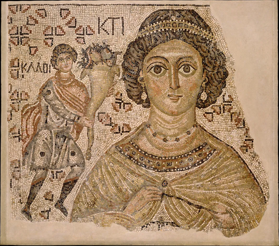 Fragment of a sixth-century Byzantine floor mosaic featuring Ktisis, a figure personifying the act of generous donation or foundation