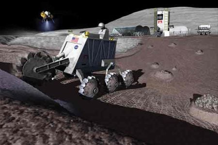 An excavating robot mines the Moon. Perhaps the writing should be in Chinese.