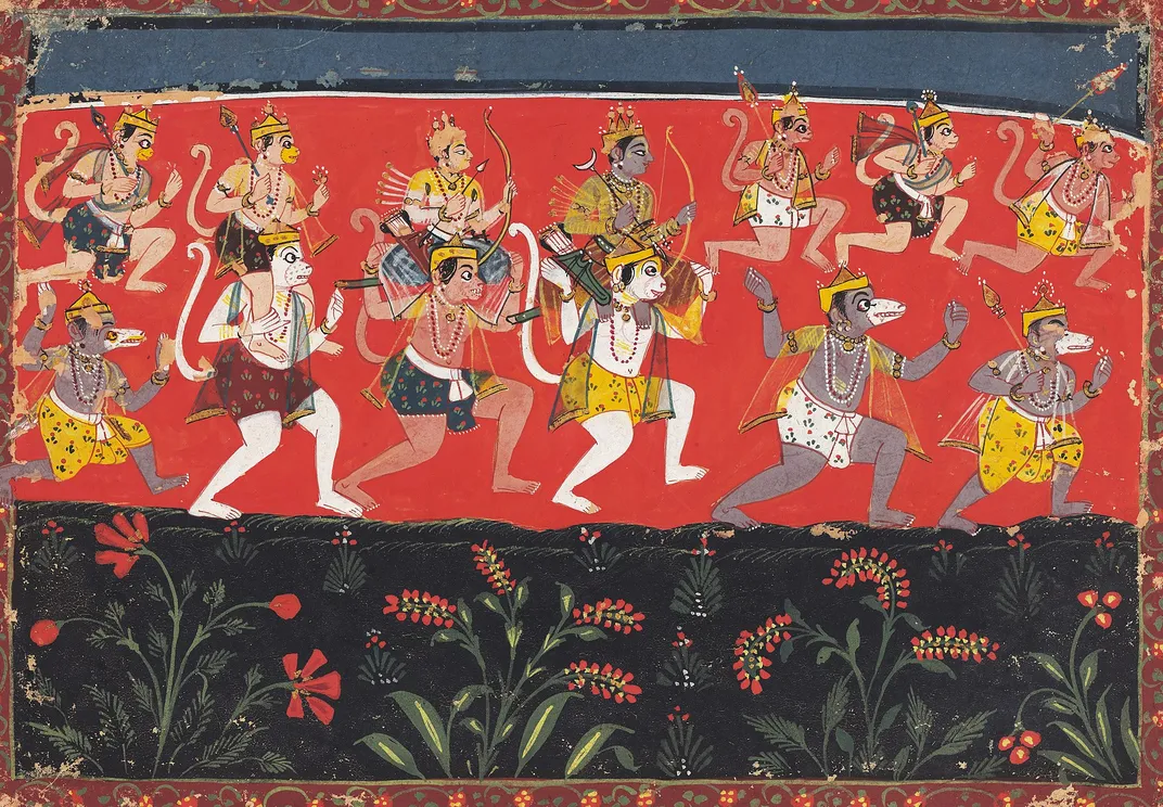 An illustration of Hanuman carrying Rama on his shoulders