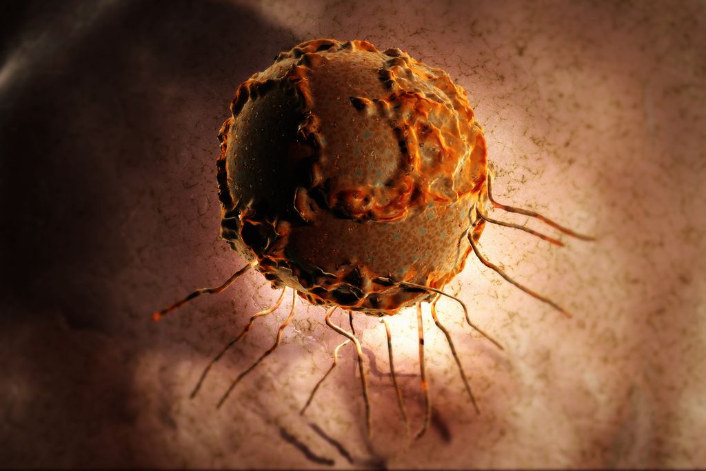 an illustration of a stem cell, a sphere with ridges on top and tendrils coming from the bottom half