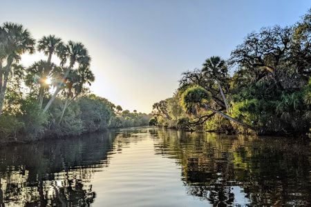 Trees line a winding river, and the blue sky is reflected in the water