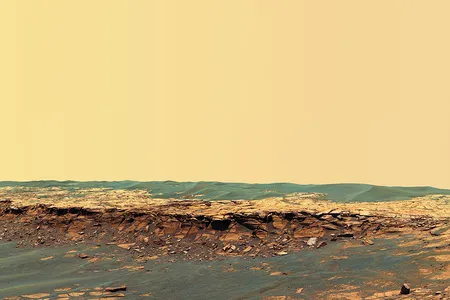Scene from a desert planet: a panoramic view of the Payson outcrop near the Opportunity rover’s landing site. With its ocean long gone, Mars may yet have liquid reservoirs underground, and spacecraft have seen signs of surface flows. Life, if it ever existed, most likely followed the water.