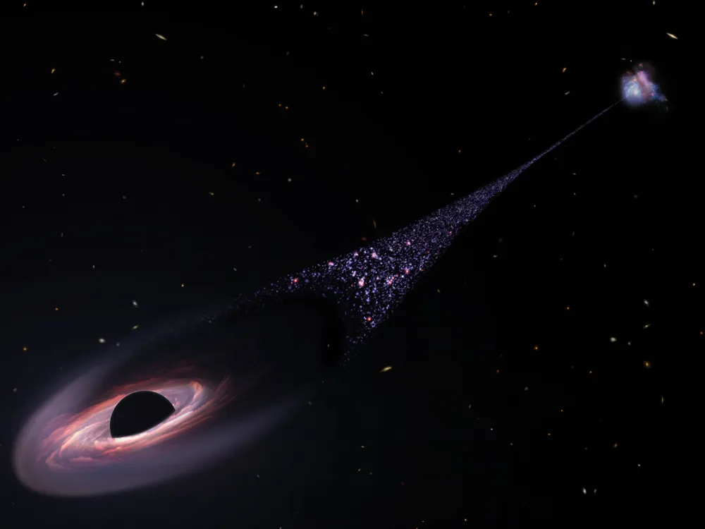 A runaway black hole with a stream of stars behind it