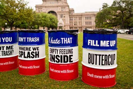 New "Don't mess with Texas" trash cans at the Texas capitol building in Austin.