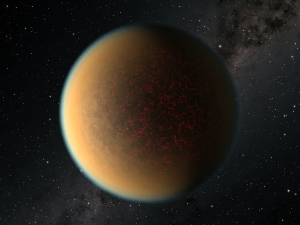 An artist's rendition of the exoplanet in outer space shows its crackly surface, where lava seeps up through a thin crust of rock