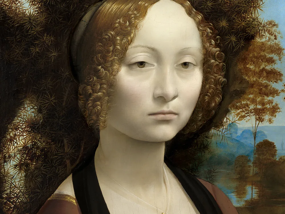 A close-up view of Leonardo da Vinci's Ginevra de' Benci, a circa 1474-1478 portrait