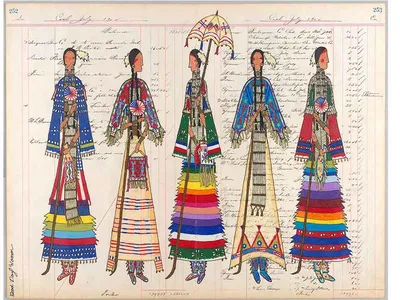 Independence Day Celebration by Lauren Good Day Giago, (Arikara/Hidatsa/Blackfeet/Plains Cree), 2012, antique ledger paper, colored pencil, graphite, ink, felt-tipped marker