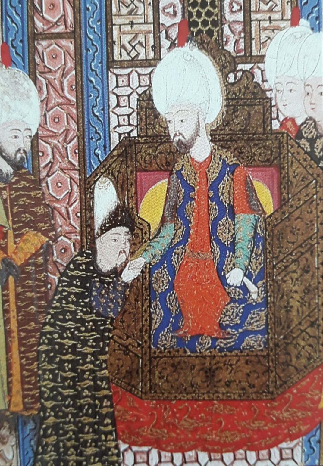 An illustration of the Crimean khan Devlet I Giray paying tribute to the Ottoman sultan Suleiman I in 1551